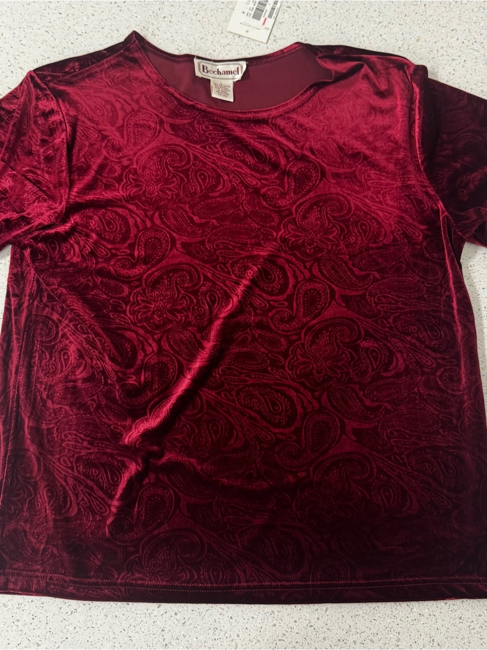 Bechamel Velvet Top Women Large Burgundy Paisley Short Sleeve 90s Y2k dos